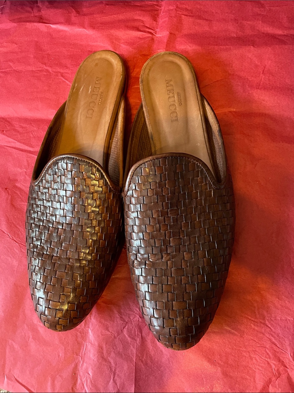 Sesto Meucci Brown Woven Leather Slip-On Mules